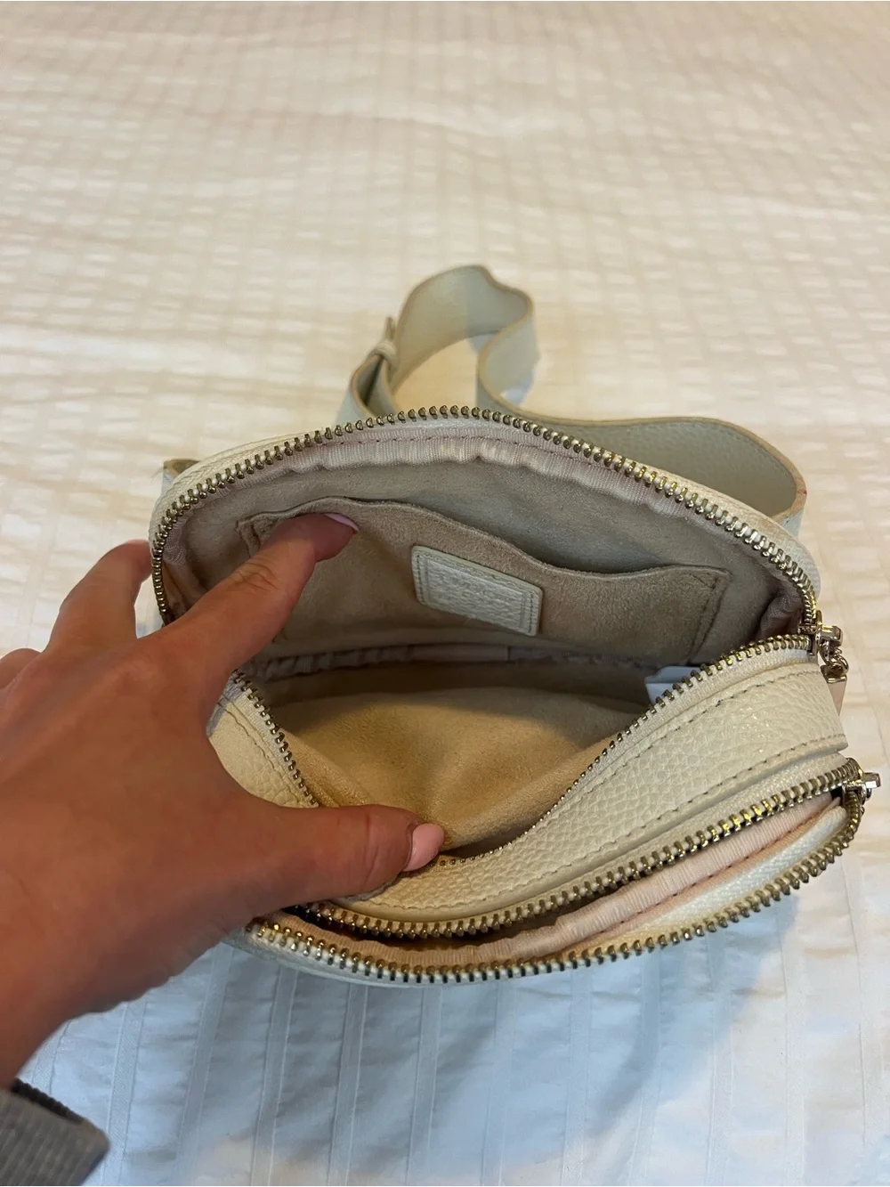 Cream Perforated Leather Crossbody Belt Bag with Adjustable Strap